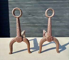 Vintage Pair Of Cast Iron Keyhole Andirons