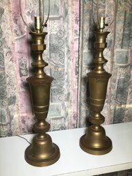 VERY TALL Pair Of Vintage Brass Lamps With Harps - Very Heavy - Great Quality - Just Add Lamp Shades - NICE !