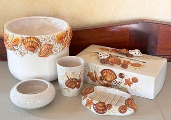 A Ceramic Seashell Themed Bath Accessory Set