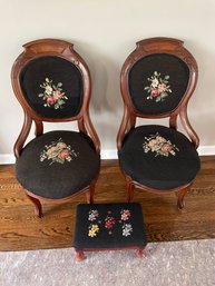 Whimsical Pair Of Embroidered  Floral Chairs With Ottoman