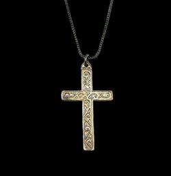 Vintage Sterling Silver Ornate Cross Pendant On Dark Sterling Silver Chain