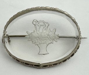 VINTAGE SILVER TONE CZECH INTAGLIO BASKET OF FLOWERS BROOCH