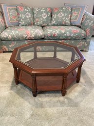 Bassett Wood And Rattan Octagonal Glass Top Coffee Table