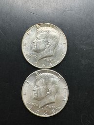 2 Forty Percent Silver Kennedy Half Dollars 1966, 1969-D