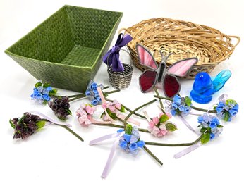 11 Vintage Glass Flower Boquets, 2 Wicker Baskets & Other Small Glass Decor