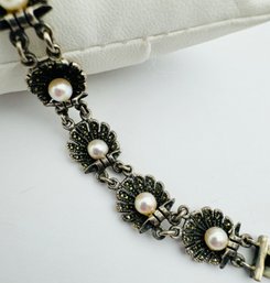 BEAUTIFUL VINTAGE JUDITH JACK STERLING SILVER FAUX PEARL AND MARCASITE SHELL FORM BRACELET