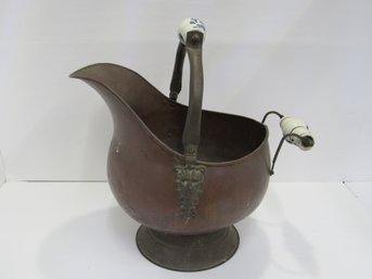 Vintage Antique Copper Coal Ash Scuttle Bucket With Porcelain Handles Lion Heads