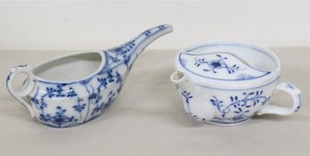 Two Porcelain Blue Onion Invalid Feeders Late 19th / Early 20th C.