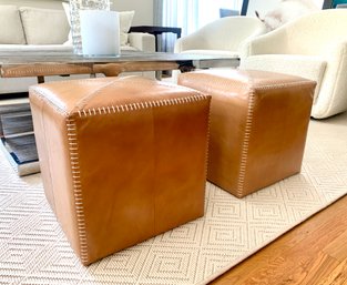 Pair Leather Ottomans With Whip Stitch Detail   (LOC: W1)