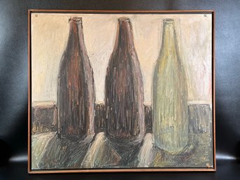 A Vintage Oil On Board, Still Life, Bottles, Signed