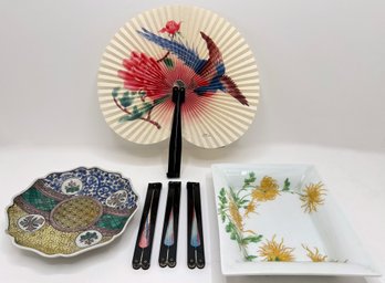 Vintage George Boyer Limoges Dish, Asian Plate & 4 Asian Paper Fans