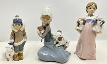 3 Vintage Lladro Children With Animals Porcelain Figurines, Spain