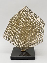 Gold Wire Cube Sculpture With Black Marble Base