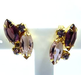 Gorgeous Goldtone Clip Earrings W/ Amethyst Color Stones