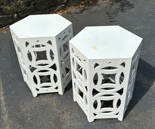 Two Hexagon End Tables, White Lattice Work. Gar