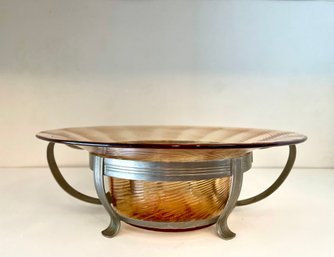 Pale Amber Rimmed Depression Glass Bowl In Metal Stand
