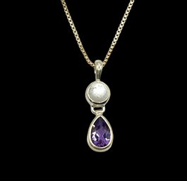 Vintage Sterling Silver Amethyst Pendant On Italian Sterling Silver Chain