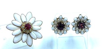 Fabulous Vintage Enamel & Rhinestone Floral Earrings & Brooch Set