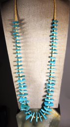 Fine Vintage Turquoise And Shell Elongated Necklace 28' Long