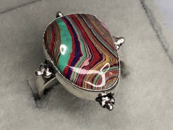 Wonderful 925 / Sterling Silver With Polished Rainbow Calsilica Stone - Never Worn - Natural Stone - WOW  !