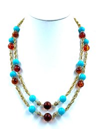 Vintage Goldtone Dual Strand Necklace W/ Faux Amber & Turquoise