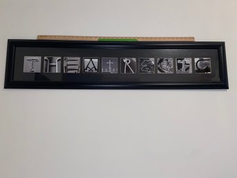 'Theatre Etc' Letter Art Picture Matted Frame 49x11' Glass And Pair Of Drama Theater Metal Masks