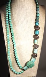Vintage Chinese Carved Turquoise And Beaded Necklace 24' Long