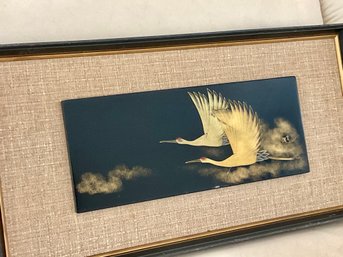 Antique Oriental Crane Block Art Signed