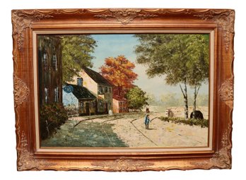 David Crespi Large Picturesque Village Street  Landscape Acrylic Painting In Gilt Frame 46'W X 1 3/4'D X 34'H