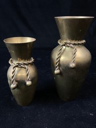 Pair Of Vintage Small Brass Rope Tassel Vases