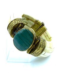 Incredible Antique Brass & Bone Hinged Cuff Bracelet W/ Malachite Cabochon