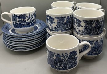 Set Of 10 Blue & White Churchill Teacups Made In England