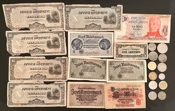 Vintage Lot Foreign Money - Germany Marks Japanese Government Pesos Argentina Currency - 12 Assorted Coins