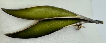 VINTAGE SIGNED THUNE NORWAY STERLING SILVER ENAMEL LEAF BROOCH