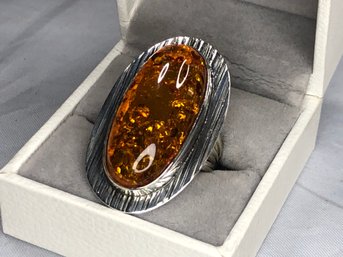 Fabulous 925 / Sterling Silver Amber Cocktail Ring With Hand Chased Details On Silver - Very Pretty Ring