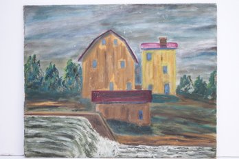 'BARNS BY WATERFALL' UNSIGNED OIL ON BOARD VINTAGE REALIST PAINTING