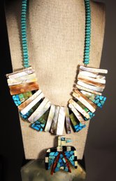 Native American Southwestern Stle Necklace W Turquoise Inlaid Eagle Pendant Mother Of Pearl