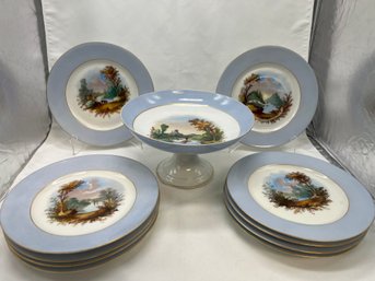 11pc Antique Porcelain Plates Believed Haviland Limoges Pale Blue Rim Lake Scene & Footed Bowl