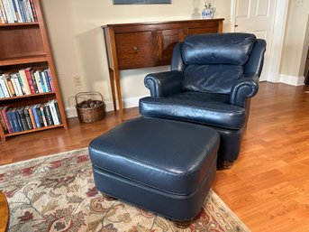 Beautiful Hancock & Moore Navy Leather Chair With Ottoman, Hickory North Carolina