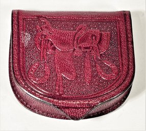 Vintage Tooled Leather Red Dyed Change Purse W Saddle And Horses