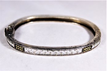 Sterling Silver Contemporary White Stone And Marcasite Hinged Bangle Bracelet