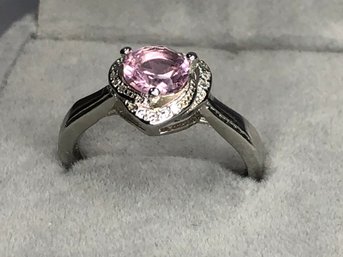 Adorable 925 / Sterling Silver Ring With Heart Shaped Pink Tourmaline And White Zircons - Brand New !