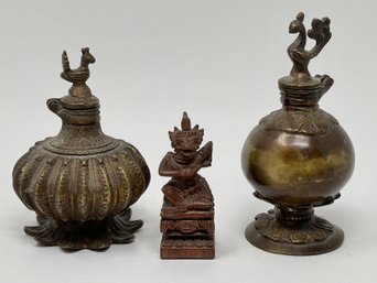 Tibetan Bird Cover Wine Pots And Hand Carved Wooden Sculpture, Bali