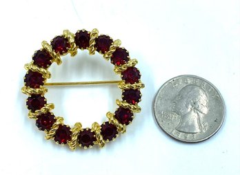 Goldtone & Ruby Red Rhinestone Wreath Brooch