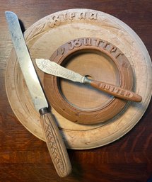 Vintage Carved Wood Bread & Butter Boards Plus Knives