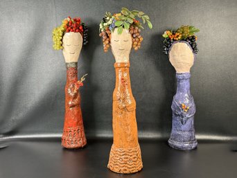 Three Charming Vintage Bottle Sculptures: Female Figures With Fruit Headpieces