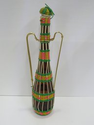 Vintage Genie Vinyl Wrapped Wicker Wine Bottle Decanter Green Gold Tone Handles