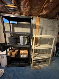 TWO UTILITY SHELVES AND CANNING ITEMS