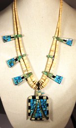 Native American Southwestern Necklace Eagle W Inlay Shell Beads