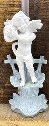 Vintage White & Blue Ceramic Cherub On Stool Figurine